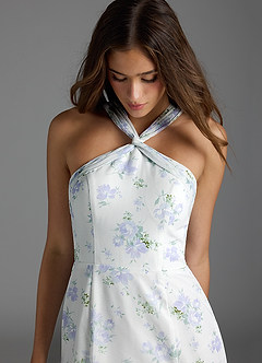 Azazie Rue Bridesmaid Dresses Blue Vintage Floral A-Line Halter Chiffon Dress image5