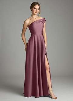 Azazie Melanie At-home Try On Dresses Amethyst A-Line Off the Shoulder Stretch Satin Dress image5