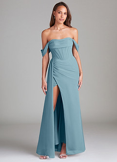 Azazie Amyra Jurken voor bruidsmeisjes Converteerbaar Jurk van Chiffon met Kolom Off the Shoulder Mystiek Blauw image1