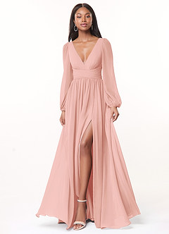 Azazie Norah Robes de demoiselle d'honneur Robe Trapèze en Mousseline de soie Col en V, manches longues Rosette image1
