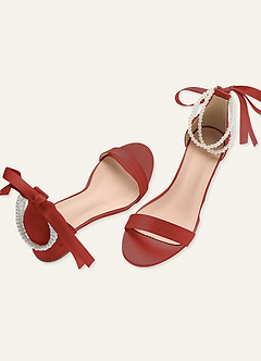 front Matching Color Matte Satin Pearl and Bow Open Toe Chunky Heel Sandals