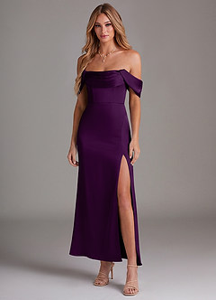Azazie Saige Bridesmaid Dresses Grape Mermaid Off the Shoulder Stretch Satin Dress image3