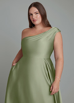 Azazie Melanie Jurken voor bruidsmeisjes Jurk van Stretch Satijn met A-lijn Off-shoulder Pistache image6
