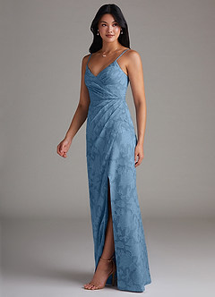Azazie Maci Bridesmaid Dresses Steel Blue Sheath Pleated Floral Burnout Dress image3