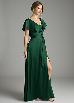 Azazie Lainey Bridesmaid Dresses Dark Green A-Line with Pockets Stretch Satin Dress image5
