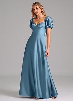 Azazie Fatima Robes de demoiselle d'honneur Robe Trapèze en Satin extensible Plissée Acier Bleuté image4