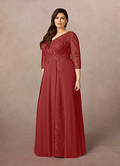Azazie Noella Mère de la mariée Robes Robe Trapèze en Mousseline de soie Col V Dentelle Rouille image10