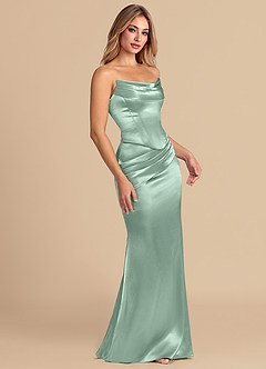 Azazie Sorrel Jurken voor bruidsmeisjes Converteerbaar Jurk van Metaalachtig Satijn met Zeemeermin Korset Agave image5