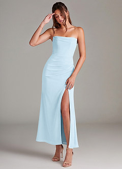 Azazie Leonis 신부 들러리 드레스 인어 스트랩리스 쉬폰 발목 길이 드레스 image1