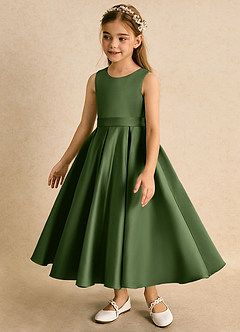 Azazie Junebuj Robe Demoiselle D'honneur Fillette Robe Princesse en Mat Satiné Plissée Olive image3