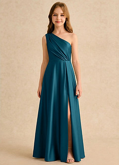 Azazie Puddles Girls Formal Robe Demoiselle D'honneur Fillette Robe Trapèze en Satin extensible Une épaule Bleu Encre image6