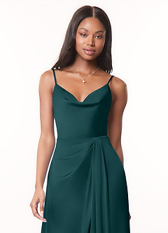Azazie Brielle Bridesmaid Dresses Pine A-Line Cowl Spaghetti Straps Stretch Satin Dress image4