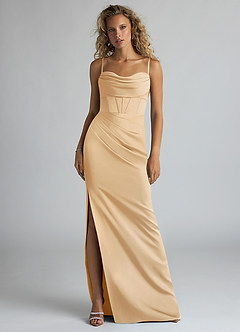 Azazie Mai Bridesmaid Dresses Gold Sheath Pleated Stretch Satin Dress image1