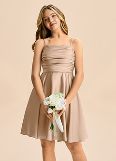 Azazie Miko Junior Vestido de Gris Pardo de Satén Elástico de Corte en A con Plisado image6