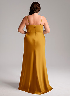 Azazie Lidia Bridesmaid Dresses Butterscotch Mermaid Side Slit Stretch Satin Dress image2