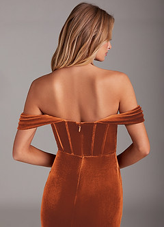 Azazie Jas Bridesmaid Dresses Burnt Orange Sheath Off-The-Shoulder Corset Velvet Convertible Dress image7