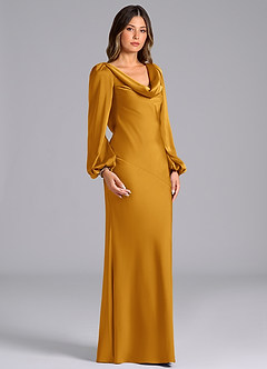 Azazie Rylina Bridesmaid Dresses Butterscotch Mermaid Long Sleeve Stretch Satin Dress image3