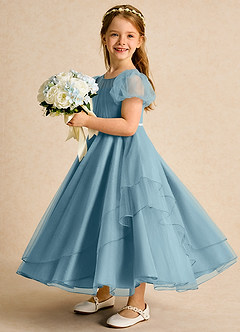 Azazie Duckie Abiti da Ragazza di Fiori Abito Principessa in Tulle Plissettato Blu Lunatico image4