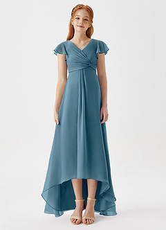 Azazie Breanne Junior A-Linie Chiffon Kleid Bermudablau image6