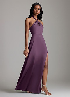 Azazie Tracie Bridesmaid Dresses Plum A-Line Side Slit Stretch Satin Dress image3