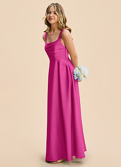 Azazie Azaria Junior Fuchsia A-Line Pleated Stretch Satin Dress image4