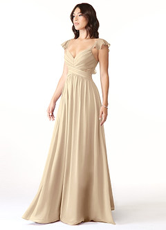 Azazie Lissa Robes de demoiselle d'honneur Robe Trapèze en Mousseline de soie Dentelle Champagne image4
