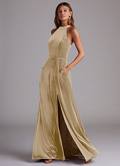 Azazie Larice Bridesmaid Dresses Golden Tan A-Line with Pockets Velvet Dress image3