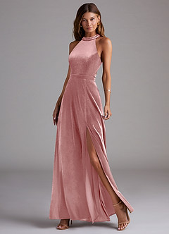 Azazie Clarice Brautjungfernkleider A-Linie Seitliche Cut-Outs Samt Kleid Altrosa image3