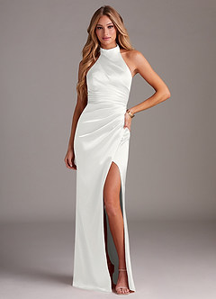Azazie Jemma Bridesmaid Dresses White Sheath Pleated Stretch Satin Dress image1