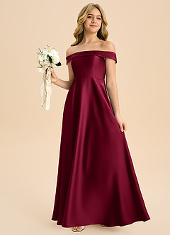 Azazie Sissy Junior Burgundy A-Line Off the Shoulder Stretch Satin Dress image3