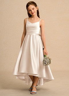 Azazie Sweets Girls Formal Flower Girl Dresses White Alabaster A-Line Pleated Matte Satin Dress image3