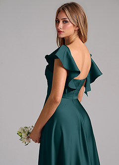 Azazie Leilani Bridesmaid Dresses Pine A-Line Ruched Stretch Satin Dress image9