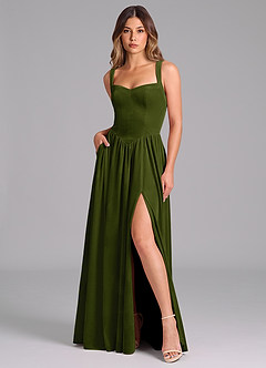 Azazie Francis Robes de demoiselle d'honneur Robe Trapèze en velours Corset Olive image3