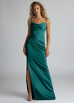 Azazie Mai Robes de demoiselle d'honneur Robe Fourreau en Satin extensible Plissée Paon image1