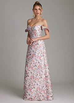 Azazie Adalynn At-home Try On Dresses Gilded Rose A-Line Ruched Brocade Dress image6