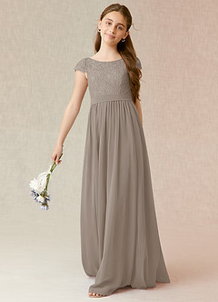 Azazie Silvermist Junior Abito A-Line in Chiffon Plissettato Taupe image4