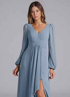 Azazie Liah Bridesmaid Dresses Dusty Blue A-Line Long Sleeve Chiffon Dress image6