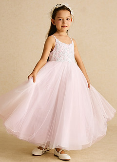 Azazie Buttercup Robe Demoiselle D'honneur Fillette Robe Trapèze en Tulle Dentelle Ivoire Rose Rougissant image1