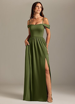 Azazie Calianna Bridesmaid Dresses Olive A-Line Off the Shoulder Stretch Satin Convertible Dress image5