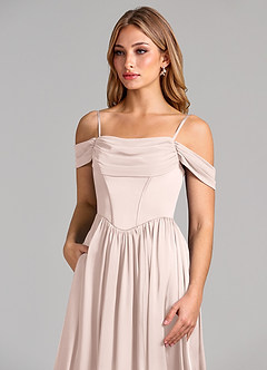 Azazie Raisa Bridesmaid Dresses Blushing Pink A-Line Off the Shoulder Stretch Satin Dress image7