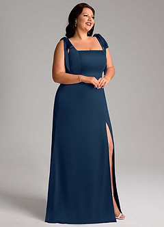 Azazie Frostine Bridesmaid Dresses Dark Navy A-Line Bow Stretch Satin Dress image9