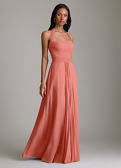 Azazie Clarisa Bridesmaid Dresses Salmon Pink A-Line Pleated Chiffon Dress image1