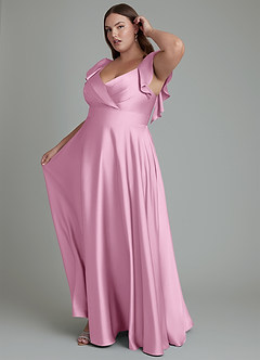 Azazie Leilani Bridesmaid Dresses Candy Pink A-Line Ruched Stretch Satin Dress image5