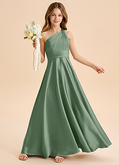 Azazie Charlize Junior Abito A-Line in Raso Elasticizzato Plissettato Matcha image1