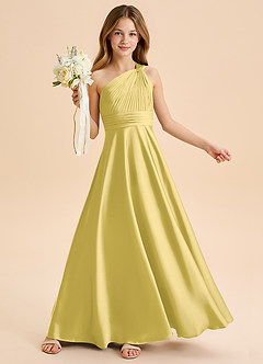 Azazie Charlize Junior Canary A-Line Pleated Stretch Satin Dress image1