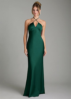 Azazie Camille Bridesmaid Dresses Emerald Sheath Side Slit Stretch Satin Dress image1