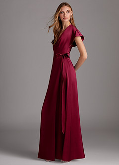 Azazie Nico Bridesmaid Dresses Burgundy A-Line V-Neck Stretch Satin Dress image2