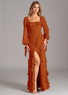 Azazie Candice Vestidos de damas de honor Vestido de Pimenton de Gasa de Corte en A con Manga larga image4