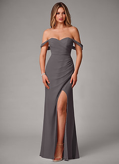 Azazie Haisley Bridesmaid Dresses Steel Grey Sheath Off the Shoulder Chiffon Convertible Dress image4