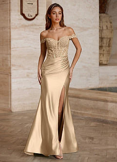Wrentino Champagne Abito da ballo in raso con applicazioni ricamate image3